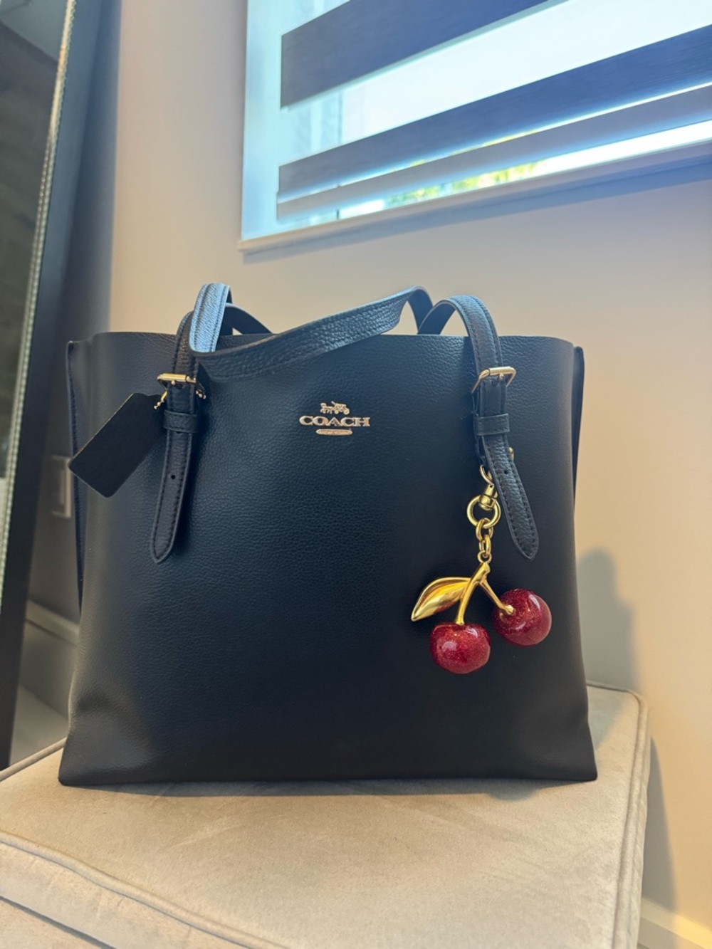 Coach Black Leather Mollie Tote with Cherry Charm
